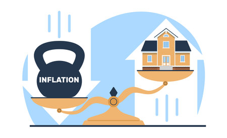 Rising home prices, real estate inflation. Residential building and weight on scale. Mortgage loans in economic crisis, rising price. Cartoon flat illustration. Vector financial conceptのイラスト素材