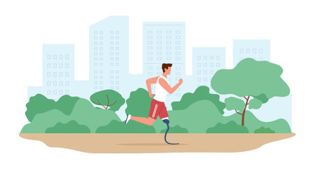 Young man with an amputated leg runs in city park in fresh air. Sportsman character with prosthetic legs jogging outdoors. Healthy lifestyle. Cartoon flat isolated illustration. Vector conceptのイラスト素材