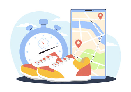 All for running sneakers, stopwatch and route for run application on phone. Smartphone fitness app. Navigation map on screen. Healthy active lifestyle. Cartoon flat illustration. Vector conceptのイラスト素材