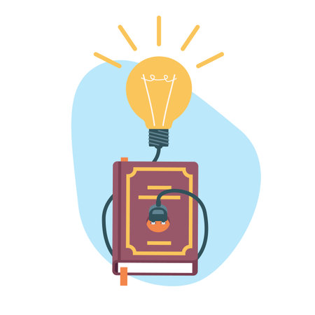 Book with light bulb idea above it, concept of gaining knowledge from books. Finding solution, innovation lamp, vector cartoon flat creative brainstorming or education illustrationのイラスト素材