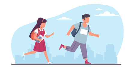 Boy and girl students are late to school for class. Children running with backpack, joyful hurrying pupils, hasten character active pose, cartoon flat style isolated illustration. Vector conceptのイラスト素材