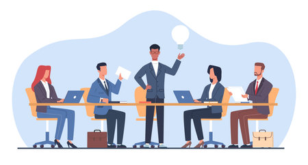 Business meeting at large table in office under direction of head of company. Mean and women in office workplace. Teamwork employee. Cartoon flat illustration. Vector brainstorming conceptのイラスト素材