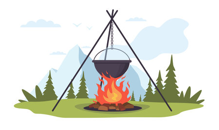 Cooking cauldron hanging over campfire in clearing in woods against mountain backdrop. Adventure hiking tourism. Dinner outdoors. Campsite in forest. Cartoon flat style vector conceptのイラスト素材