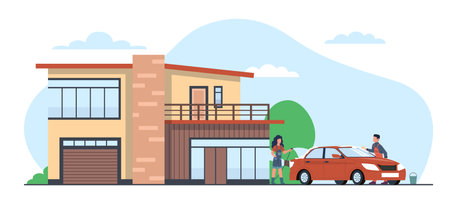 Couple washes car in front of country house. Family cleaning automobile outdoors using shampoo and hose. Clearing vehicle on home yard, cottage facade cartoon flat style vector conceptのイラスト素材