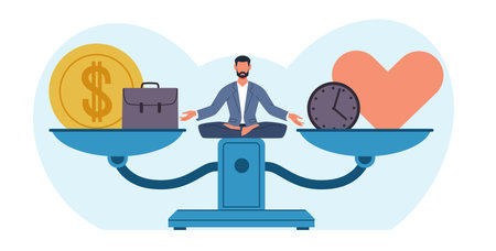 Man sits on huge scale, balancing finances and love. Choosing between money and family. Alternative solutions. Business or romantic relationships. Thinking character cartoon flat vector conceptのイラスト素材