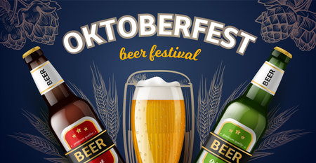 Oktoberfest poster. Annual beer holiday realistic elements, glass goblet and bottles with different drink varieties, web banner template, party ad, 3d isolated elements, utter vector conceptのイラスト素材