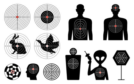 Target silhouettes. Figures with marks for shooting range template, black forms with markup, people, animals, birds and alien, archery and pistol shoot or darts practice, nowaday vector setのイラスト素材