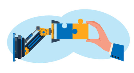 Businessman hand and robot put together puzzle, partnership between human and robot. Teamwork with Ai. Future technologies cartoon flat isolated vector artificial intelligence conceptのイラスト素材