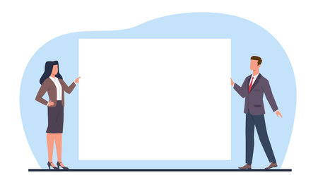 Businessman holding white placard. Woman and man in office suit stand and hold poster. Billboard in hands. Empty space for text. Sheet or document. Cartoon flat isolated vector conceptのイラスト素材