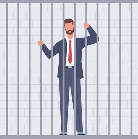 Businessman in cell in prison, man behind bars or in jail. Standing inside cage. Corrupt politician or entrepreneur who has not paid taxes. Cartoon flat style isolated vector conceptのイラスト素材