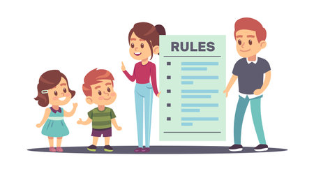 Family rules, mother and father tell son and daughter about rules in home. Huge checklist, little brother and sister, parenthood and relationships. Cartoon flat isolated vector conceptのイラスト素材
