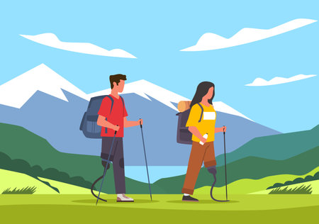 Guy and girl with prosthetic leg go hiking, traveling and relaxing together. Healthy lifestyle. Travel adventures. Disabled person walking, cartoon flat illustration. Vector conceptのイラスト素材
