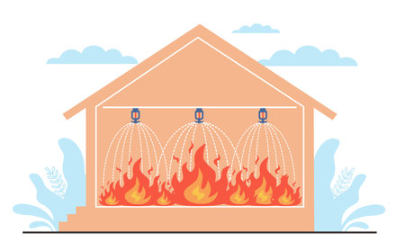 Home fire protection system, sprinklers spray water on flames. Smoke control detector, property protect device, automatic sprayer, equipment cartoon flat style isolated vector conceptのイラスト素材