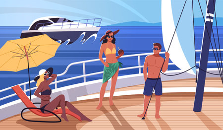 Luxury people life. Young rich guys and girls having fun on yacht, sea summer cruise, happy persons sunbathing on deck, marine vacations, cartoon flat style isolated tidy vector conceptのイラスト素材