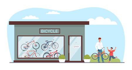 Man bought his son bicycle in shop. Family relationships and parenthood. Buying cycle. Building facade exterior. Father and child in store. Cartoon flat style isolated vector conceptのイラスト素材