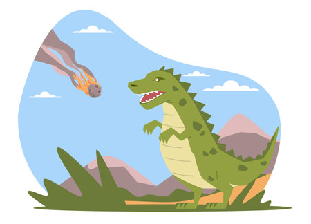Meteorite falling to Earth and making dinosaurs extinct. Planet evolution. Asteroid explosion. Prehistoric era. Childish book or print. Cartoon flat style isolated dino vector conceptのイラスト素材