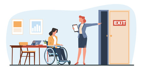 Discrimination against disabled people with woman in wheelchair in hiring. Sad jobless person, unemployment people, career failure. Cartoon flat isolated vector discrimination conceptのイラスト素材