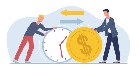 Exchanging time and effort for money and getting paid for work. Men hold huge clock and cold coin. Cost of hour metaphor. Working minutes. Cartoon flat style isolated vector conceptのイラスト素材