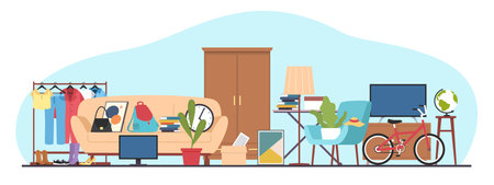 Garage sale concept, flea market, buying antiques, old things, furniture and books. Second Hand clothes. Antique accessory. Horizontal banner template. Vector cartoon flat isolated illustrationのイラスト素材
