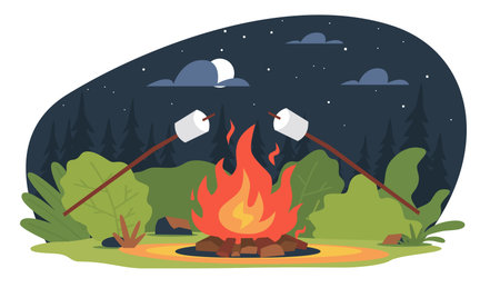 Glade in woods, campfire in forest, marshmallow grill in bonfire in camping. Night landscape. Outdoors dinner for travellers. Tourist leisure time. Cartoon flat illustration. Vector conceptのイラスト素材