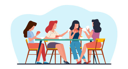 Happy women friends sit around table and play cards on weekend. Girls party at home. Female players during board game. Drinking tea, buddies resting. Cartoon flat isolated vector conceptのイラスト素材