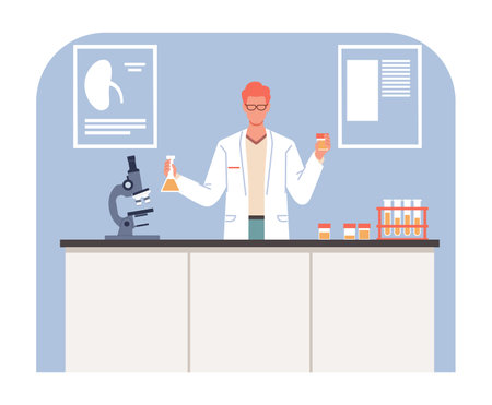 Man performs urinalysis in medical laboratory. Doctor examines biomaterial in lab, hospital or clinic procedure, microscope and flasks, cartoon flat illustration. Vector health checkup conceptのイラスト素材