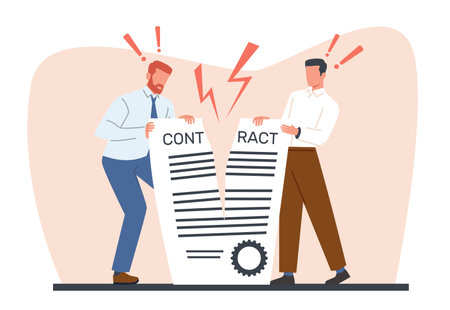 Two businessmen tear contract, business agreement in half. ending cooperation and relationships. conflict or misunderstanding. Angry men break document. Cartoon flat isolated vector conceptのイラスト素材