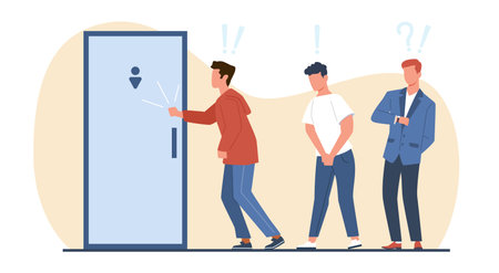 Queue to mens room, men waiting at door of toilet, standing in line. Unhappy male and female characters feel malaise, people need to pee, occupied wc cartoon flat isolated vector conceptのイラスト素材