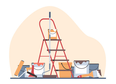 Set of tools for painting walls, painting work paint, stepladder, brush and roller. Change surface color, construction finishing works, cartoon isolated composition. Vector renovation conceptのイラスト素材