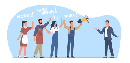 Workers demand jobs from management representative, concept of unemployment. Industrial action, economical crisis, bankrupt company, protest demonstration Vector cartoon flat illustrationのイラスト素材