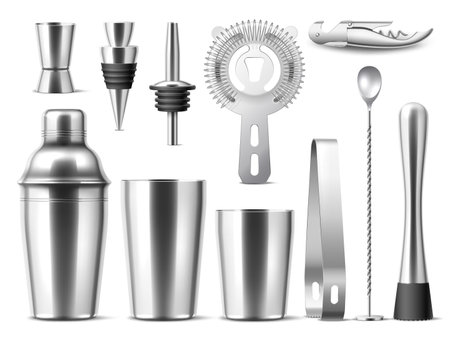 Realistic bartender equipment. Metal shaker, different cups, strainer, jigger, professional corkscrew and muddler, tools for cooking drinks and cocktails, 3d isolated utter vector setのイラスト素材