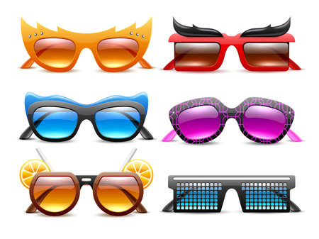 Realistic carnival glasses. Funny party sunglasses, different shapes and colors, decorative frames, eye protection from sun, fashion trendy accessories, 3d isolated elements, utter vector setのイラスト素材