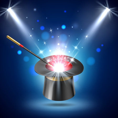 Realistic magic hat. Illusionist trick cap, 3d fireworks effect with witch wand and top hat, bright spotlights, circus wizard performance, black cylinder for magician show utter vector conceptのイラスト素材