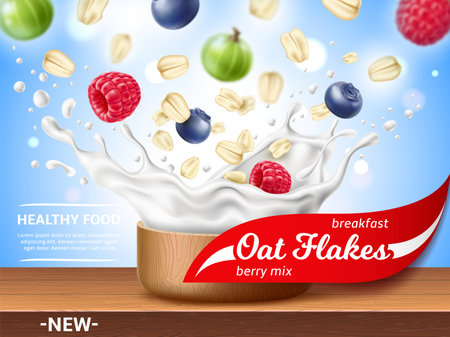 Realistic oatmeal flakes poster. Grains and berries in milk splash, raspberries and blueberries, gooseberries and muesli, Product advertising banner. Breakfast healthy menu utter vector conceptのイラスト素材