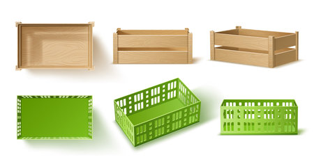 Empty wooden and plastic crates. Realistic boxes for bottles, containers for fruits and vegetables, warehouse storage equipment, warehouse merchandise, 3d isolated elements, utter vector setのイラスト素材