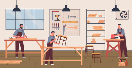 Furniture assembly. Flat craftsmen make wood products in workshop, professional carpenters made chairs and stools, people sawing and drilling, cartoon isolated nowaday vector conceptのイラスト素材
