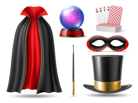Realistic magician accessories. 3d illusionists isolated elements, wizard cloak, crystal ball and magic wand, cards deck and mask, theater or circus show, wizard performance utter vector setのイラスト素材