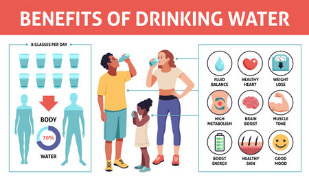 Drinking water infographics. Family with clean water glasses and bottles, healthy benefits, people care for hydration. Healthy lifestyle or medical poster. Cartoon flat tidy vector conceptのイラスト素材