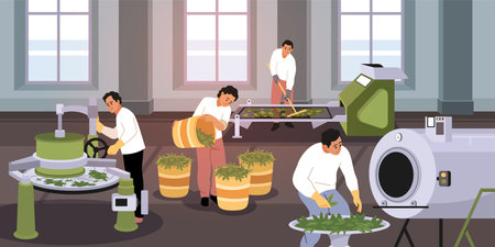 Drying tea process. People work for traditional drink industry, dried, sorted, fermented green leaves in industrial equipment, indian product. Cartoon flat isolated tidy vector conceptのイラスト素材
