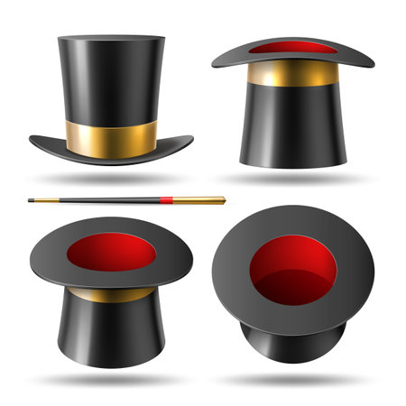 Magician hat and wand. 3d illusionist black cylinder, different angles cap, circus focus accessories. Realistic mystical tricks equipment, wizard performance isolated element, utter vector setのイラスト素材