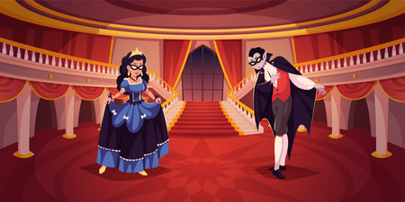 Masquerade people scene. Vampire and queen at ball, palace room, invitation to dance, curtsey costumed halloween party. Characters on performance cartoon flat illustration tidy vector conceptのイラスト素材
