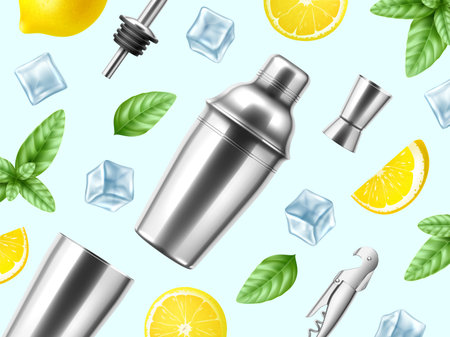 Realistic background with bartender equipment. Metal elements, cocktail shaker, jigger, sprouts, mint leaves, lemon and ice cubes, 3d isolated elements, poster backdrop, utter vector conceptのイラスト素材