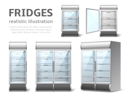 Realistic fridges. Industrial and store empty refrigerators for beverages, metal lattice shelves and glass swing doors, open and closed, 3d isolated elements, utter vector setのイラスト素材