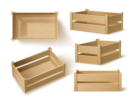 Realistic wooden crates. 3d warehouse containers, empty box for fruits and vegetables in different angles, top and front view, warehouse equipment, 3d isolated elements, utter vector setのイラスト素材