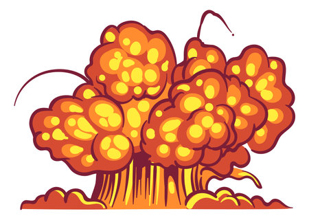 Cartoon explosion. Bang effect with smoke, atomic bomb, weapon burn fire, boom detonate explosive flash comic element. Red dynamite cloud with shrapnel and fireball vector isolated illustrationのイラスト素材
