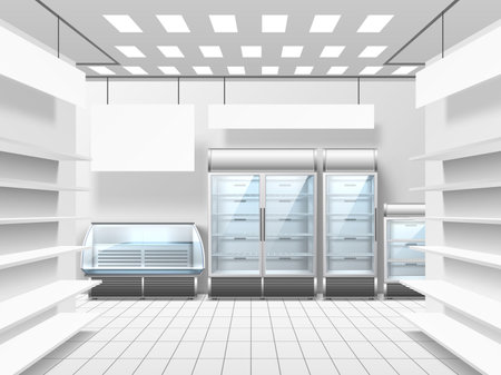 Food store interior empty fridges. Trading floor with shelves, showcases and refrigerators, supermarket equipment for products and drink merchandise, 3d isolated elements utter vector conceptのイラスト素材