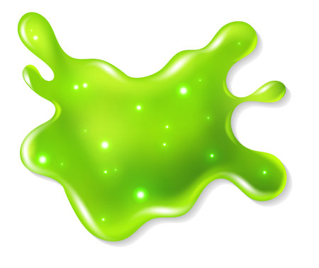 Green slime. Bright toxic shiny liquid blob splatter, spot of poison dribble silhouette, paint drip, sticky jelly drop with glitter. Realistic isolated on white element vector illustrationのイラスト素材
