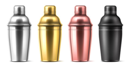 Realistic bar shaker. Different colors metal element, isolated bartender steel professional equipment, mixing drinks, luxury cocktails device, golden and silver, black and pink utter vector setのイラスト素材