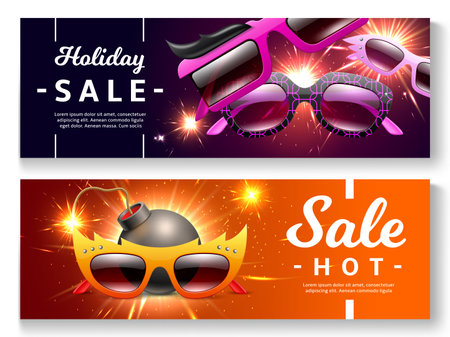Sunglasses sale banners. Realistic glasses in funny frames, hot fashion discounts and holiday offer, bomb with fuse and sparklers, color spectacles, horizontal posters, 3d utter vector setのイラスト素材