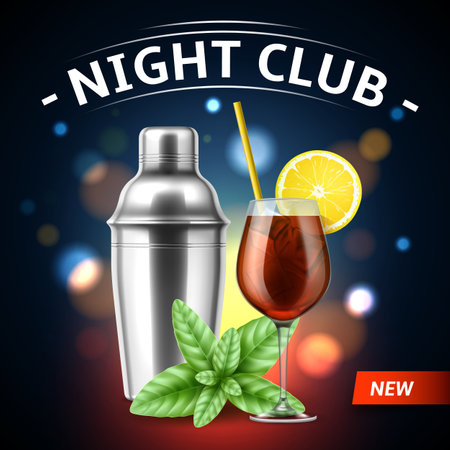 Realistic bartender poster. Night club banners, cocktail in glass goblet with ice cubes, lemon slice, shaker for cold beverages, tropical drink with straw, 3d isolated utter vector conceptのイラスト素材